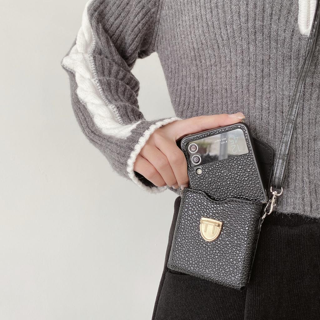 2 In 1 Crossbody Bag Phone Case for Samsung Galaxy Z Flip 5 3 4 Flip3 Flip4 Flip5 5G Case Shoulder Pouch Strap Leather Cover
