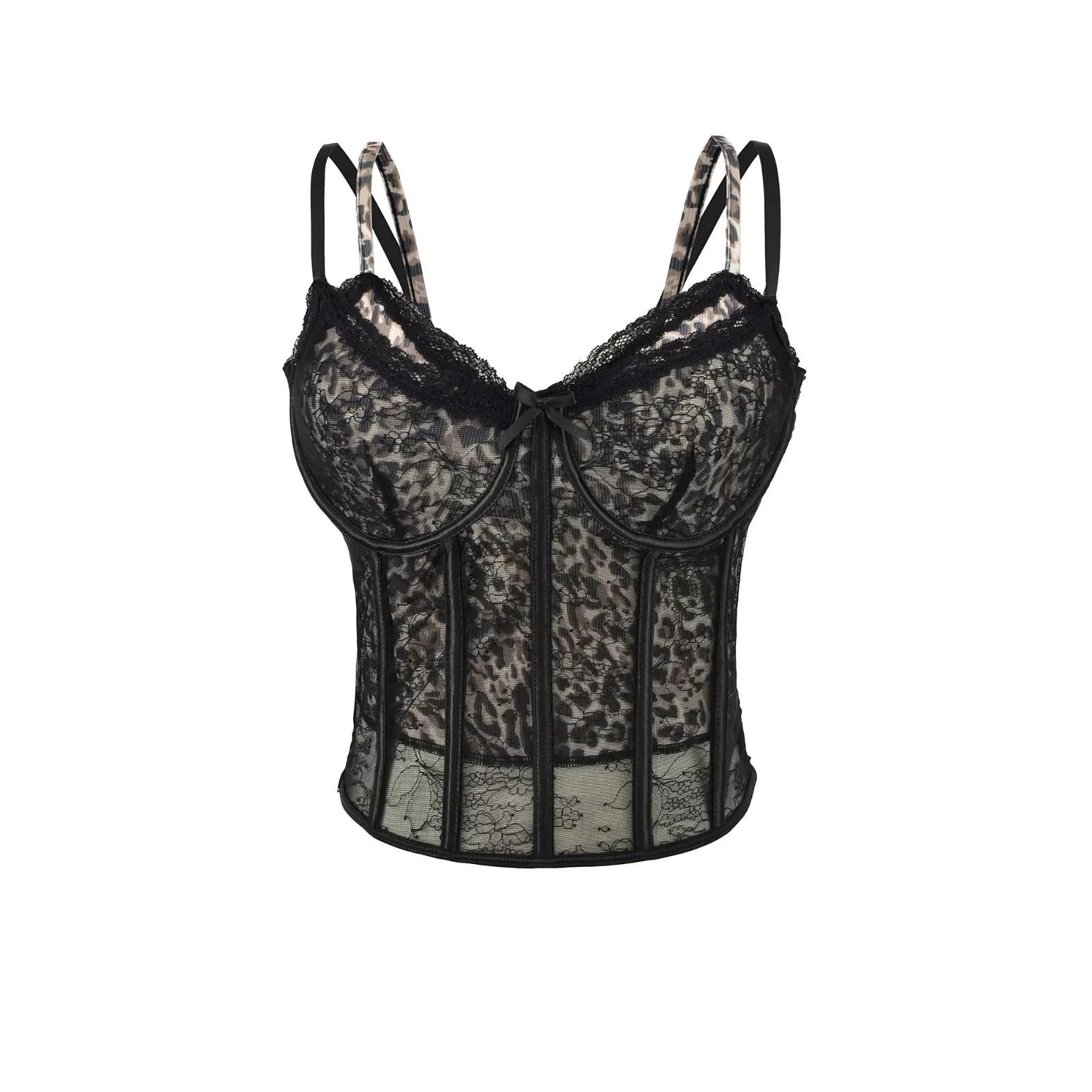 Women s Leopard Print Lace Bustier Camisole - Strapless Sexy Crop Top for Summer Small чёрный