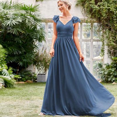 Elegant Long V-Neck Chiffon Evening Dress for Formal Reception or Party