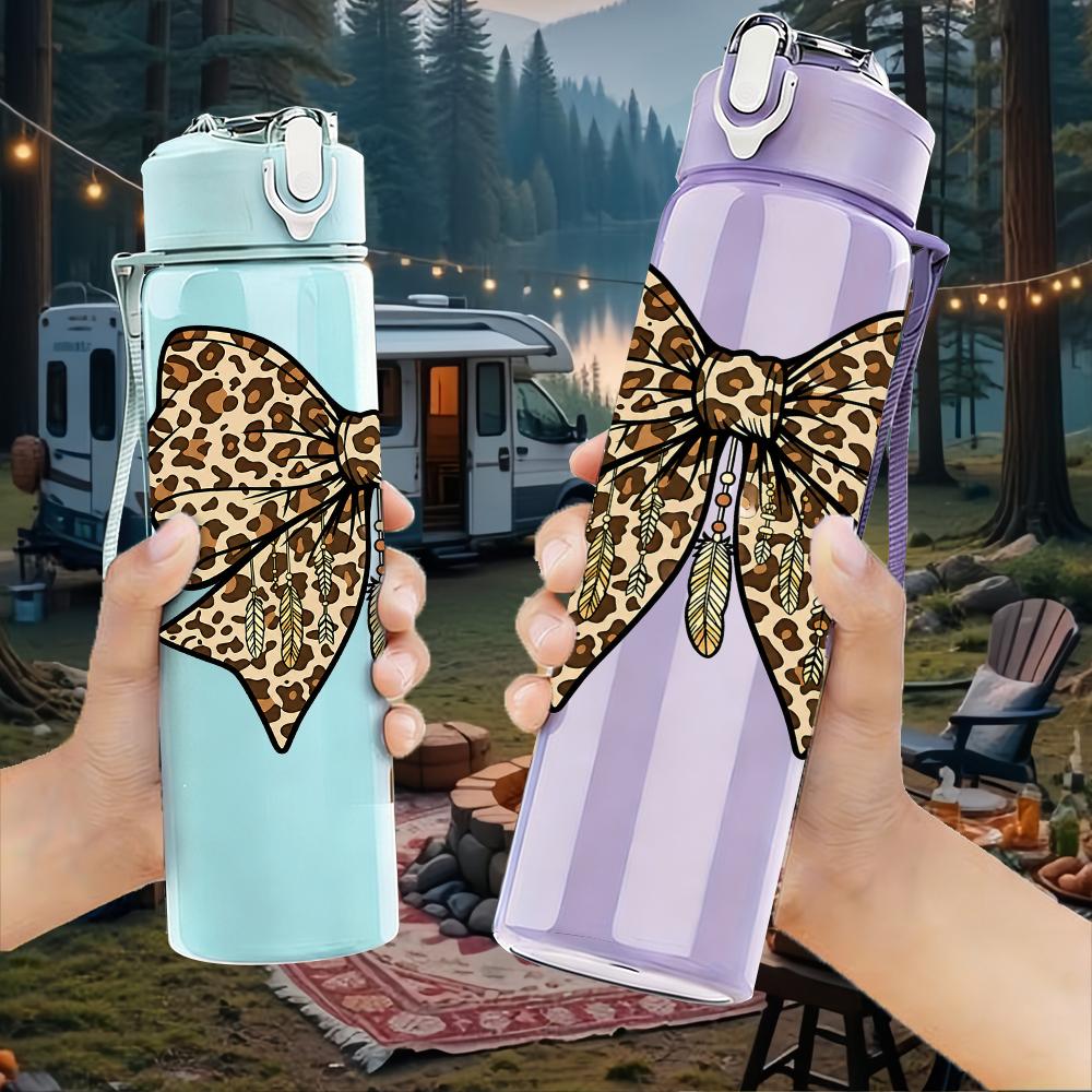 1PC Classic Leopard Print Bow 750ml Color Plastic Sports Water Bottle Leakproof Flip Straw Lid Suitable for Sports Office Home Use