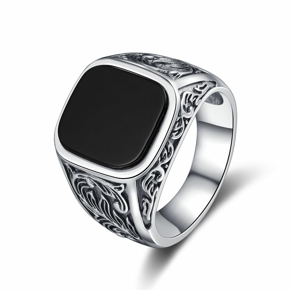 Erkek Siyah Akik Yüzük 12x14mm, Erkek Vintage Sterling Gümüş İnce Takı, Ona Düğün Yüzüğü Hediyesi