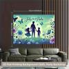 Warm Father's Day Backdrop, Gentle Green and Blue Scene with Father, Kids, Butterflies and Flowers, Heartfelt and Sentimental Wall Art