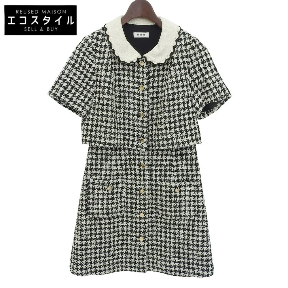 sandro Beautiful tweed trompe l'oeil dress, women's, white and black, size 34, SFPRO02482-107 dress 34 White / blackUsed