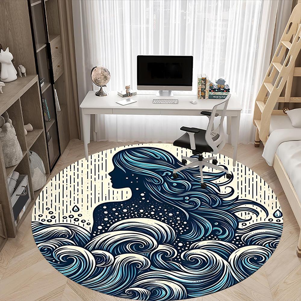 1pc Ocean Mermaid Office Round Area Rug, Mat Suitable For Office, Under Office Chairs Bedroom Living Room Home Decor, Room Deco