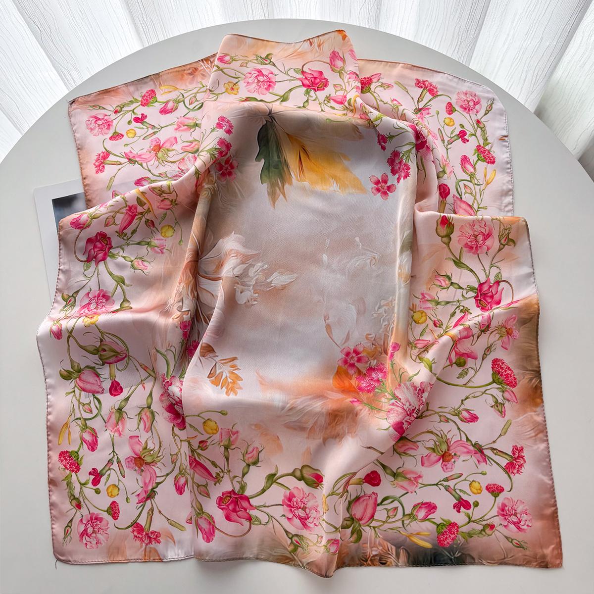 

Luxury Square Scarf For Women Elegant Floral Print Ladies Hijab Neckerchief Fashion Shawl Soft Stain Imitation Silk Bandana