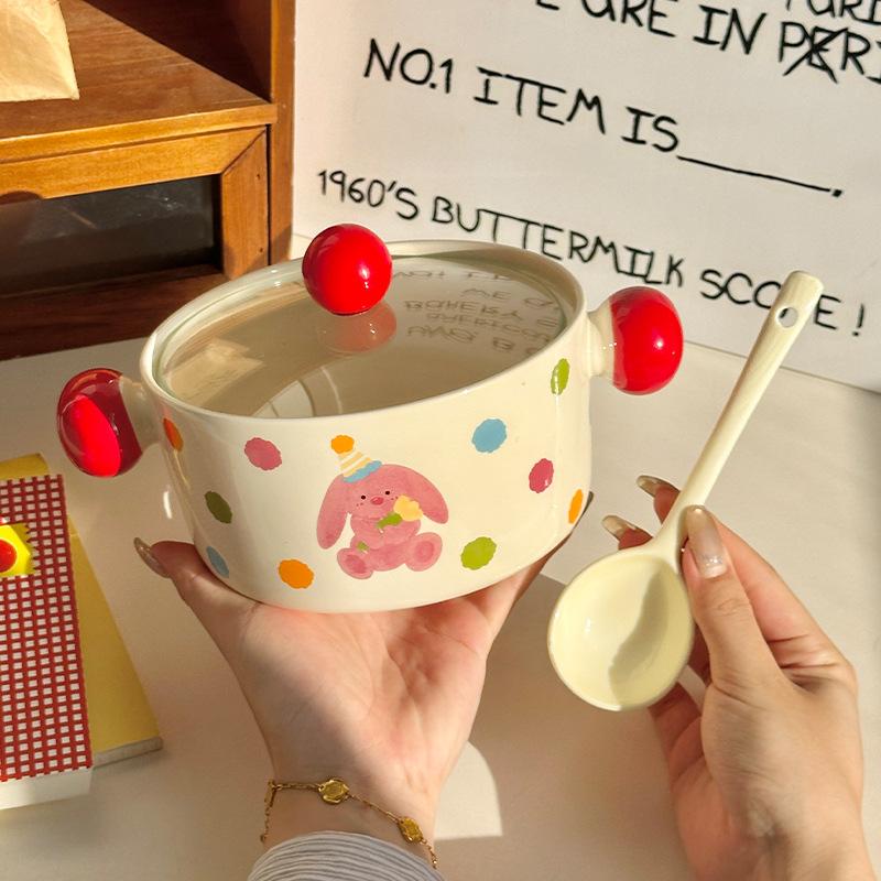 Ins Cream Wind Cute Cartoon Ceramic Binaural Instant Noodle Bowl Snail Powder Bowl Noodle Bowl Soup Bowl with Lid