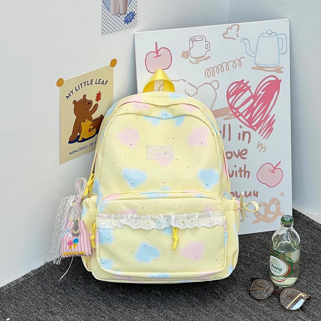 Cartable Nouveau Sac à Dos à Pois en Dentelle Coréen Léger Polyvalent Décontracté Grande Capacité Mode Sac à Dos pour Étudiant Trajet Scolaire