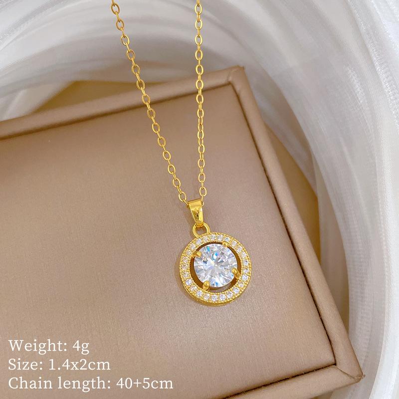 Round Empty Zircon Light Luxury Temperament Gorgeous Full Diamond Necklace Female Versatile Collarbone Chain Titanium Steel Chain