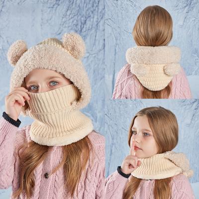 Children's Hat Cartoon Bear Mask Scarf All-In-One Hat Girls Winter Outdoor Velvet Warm Knitted Wool Hat