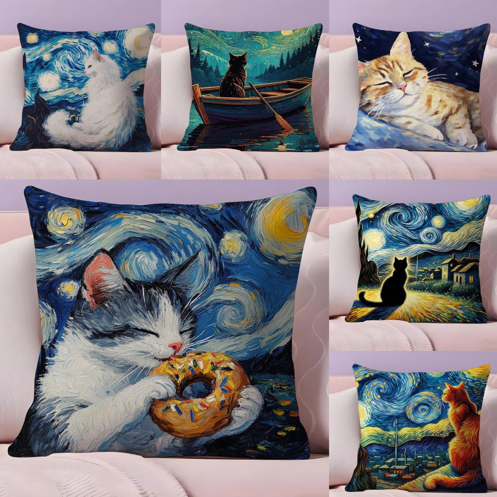 Van Gogh Starry Sky Kawaii Cat Pillow Case Plush Fabric Soft Double-Sided Printed Sofa Warm Winter Home Gift Cushion Cover