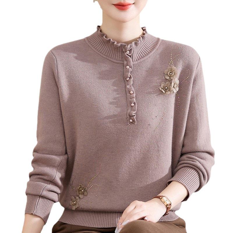 Women's Fleece Knit Top: Wood Ear Collar, Plus Velvet Warm Base Layer, Winter Inner Wear, Middle-Aged Mom's Sweater
