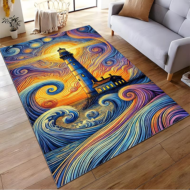 Colorful Lighthouse and Swirling Waves Design Non-slip Rug Suitable for Living Room and Bedroom Sofas