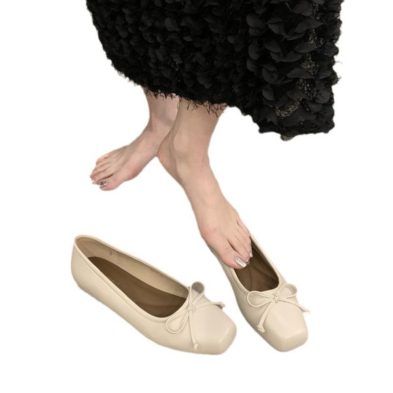 Fashion Women Flats French Square Toe Leather Single Shoes 2025New Casual Flats Elegant Bow Ballet Shoes for Women Loafers Zapatos Mujer