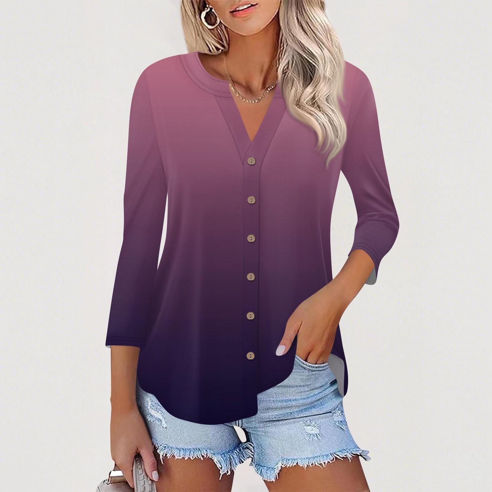 

Women s Button Down Cardigan T Shirts 3/4 Sleeve V Neck Tees Casual Fashion Printed T-shirt Tops S фіолетовий