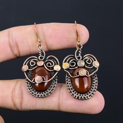 Lovely Carnelian Gemstone Handmade Pure Copper Wire Wrapped Earring Jewelry
