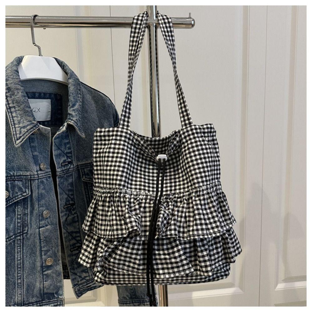 Korean Style Lotus Leaf Shoulder Bag Fashion Plaid Tote Bag Vintage Drawstring Bag  Storage Bag