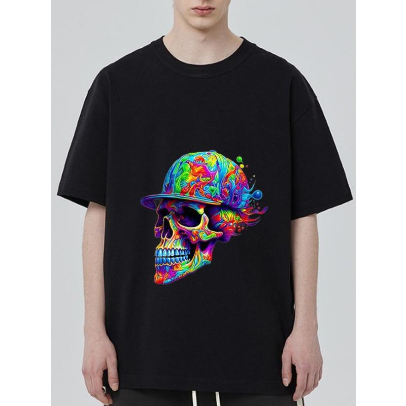 

Colorful Skull with Hat Graphic T-Shirt Black Psychedelic Art Design for Casual Wear Streetwear Fashion Statement Men Women Unisex Top XXXXL чёрный