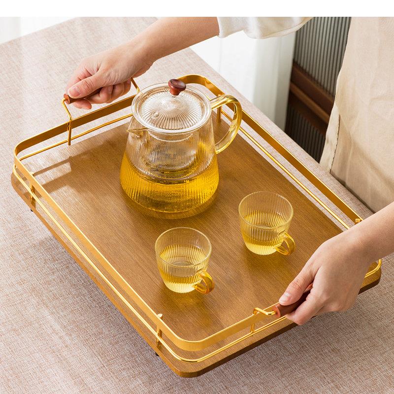 Simple Rectangular Bamboo Cutlery Food Storage Trays Decorative Home Kitchen Organizer Metal Bracket Accessories