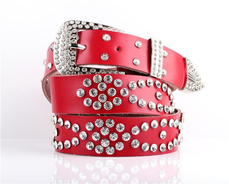 Wide Leather Belt With Metal Pin Closure Rhinestone Decor For Elegant Womens