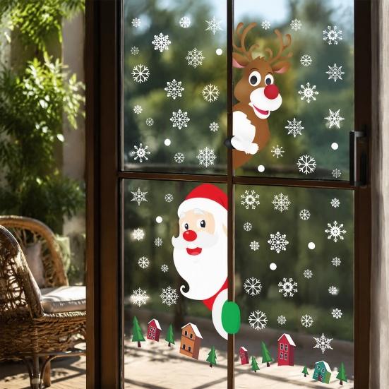 DIY Christmas Window Displays 4Pcs Santa Claus & Reindeer Static Clings with Snowflake, PVC Removable Decals, Reusable Decorations Glass Stickers for