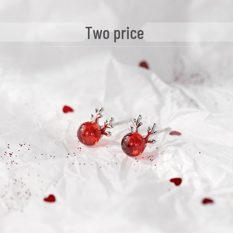 

S925 Sterling Silver Garnet Reindeer Antler Stud Earrings - Cute Christmas Gift with Japanese and Korean Girlish Style 925 Sterling Silver