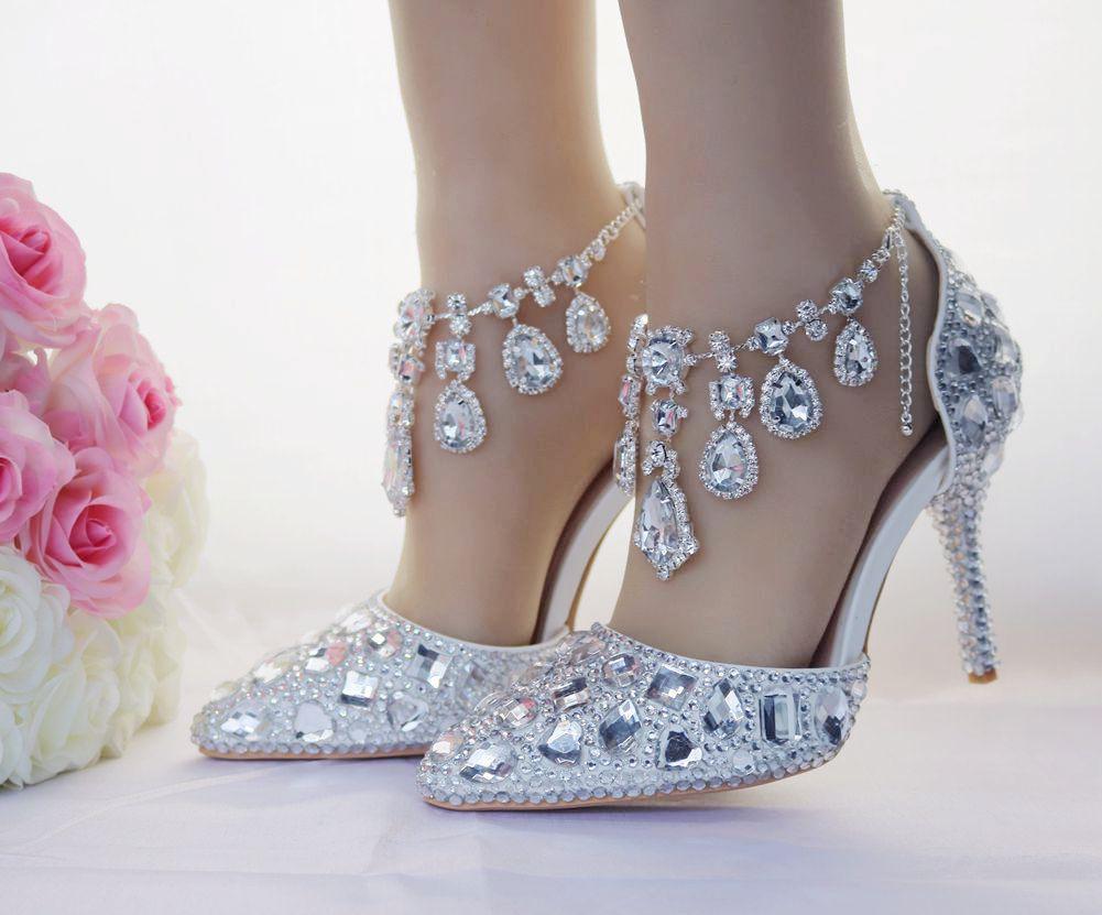 

Сандалии королевы с кристаллами, женские свадебные туфли, вечерние женские туфли на высоком каблуке для невесты, женские туфли на высоком каблуке с острым носком и стразами 36 белый