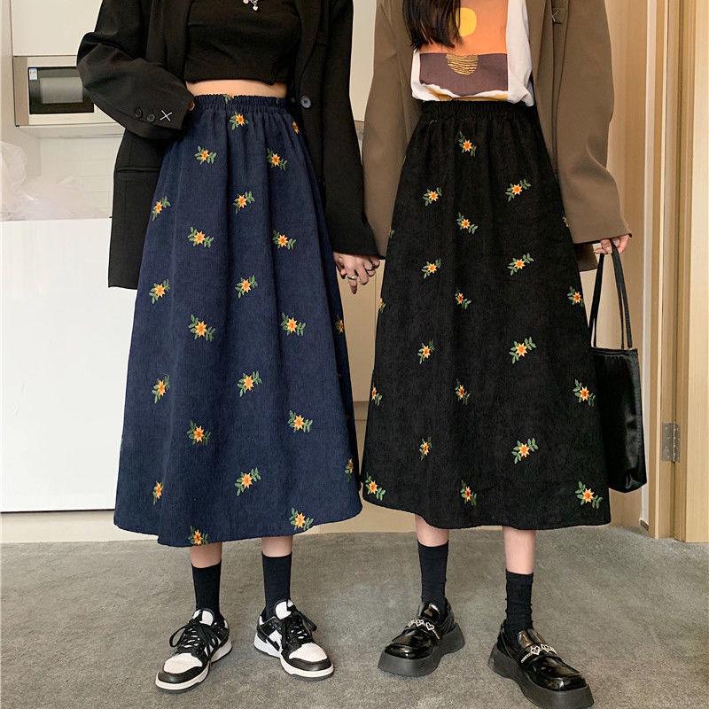 Corduroy A-line Midi Skirt - High Waist, Floral Spring/Autumn Style for Women