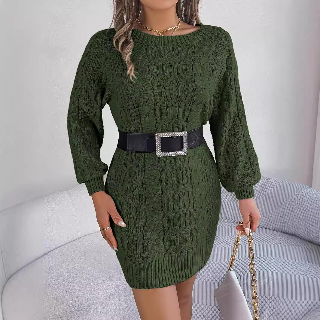 

Женское трикотажное платье-свитер с круглым вырезом и длинными рукавами, повседневный теплый облегающий свитер L армия зеленый