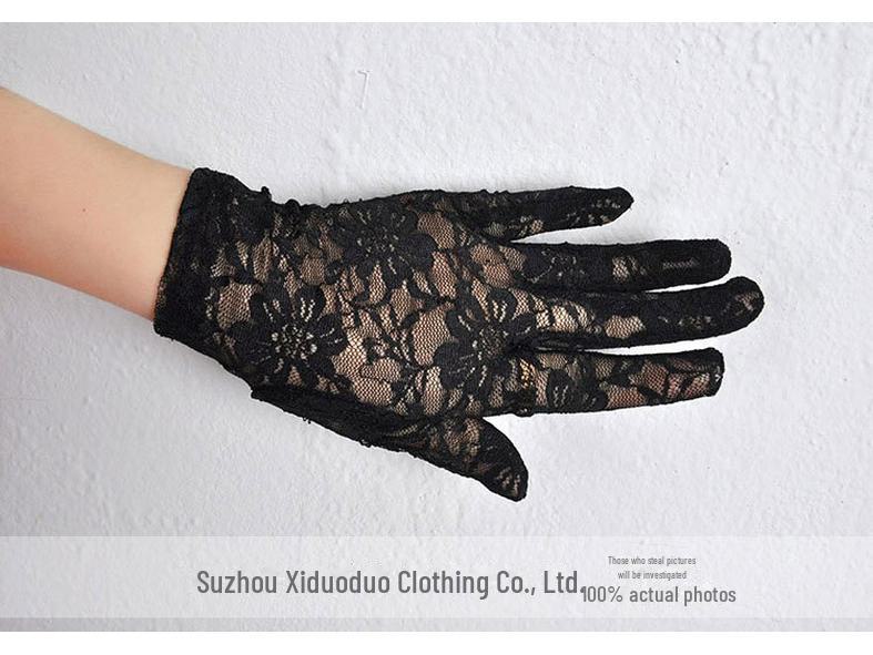 

Кружевные летние солнцезащитные свадебные перчатки - короткие, тонкие, с пятью пальцами в красном, черном, белом цвете чёрный