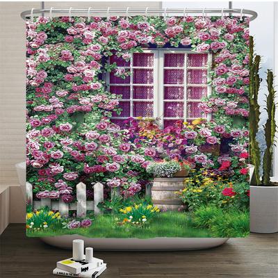 3D Waterproof Fabric Shower Curtains European Style Arched Flower Printed Bath Curtain Large 240X180 with Hooks Bathroom Screen