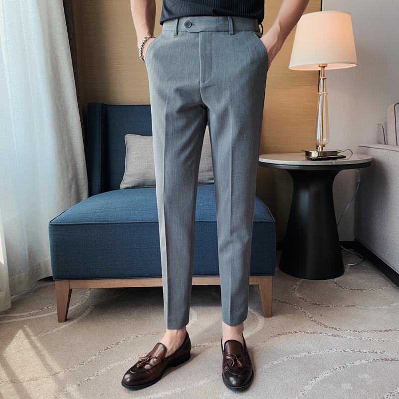 Korean Slim Fit Men's Nine-Point Stripe Dress Pants - Summer Lightweight Casual Skinny Trousers