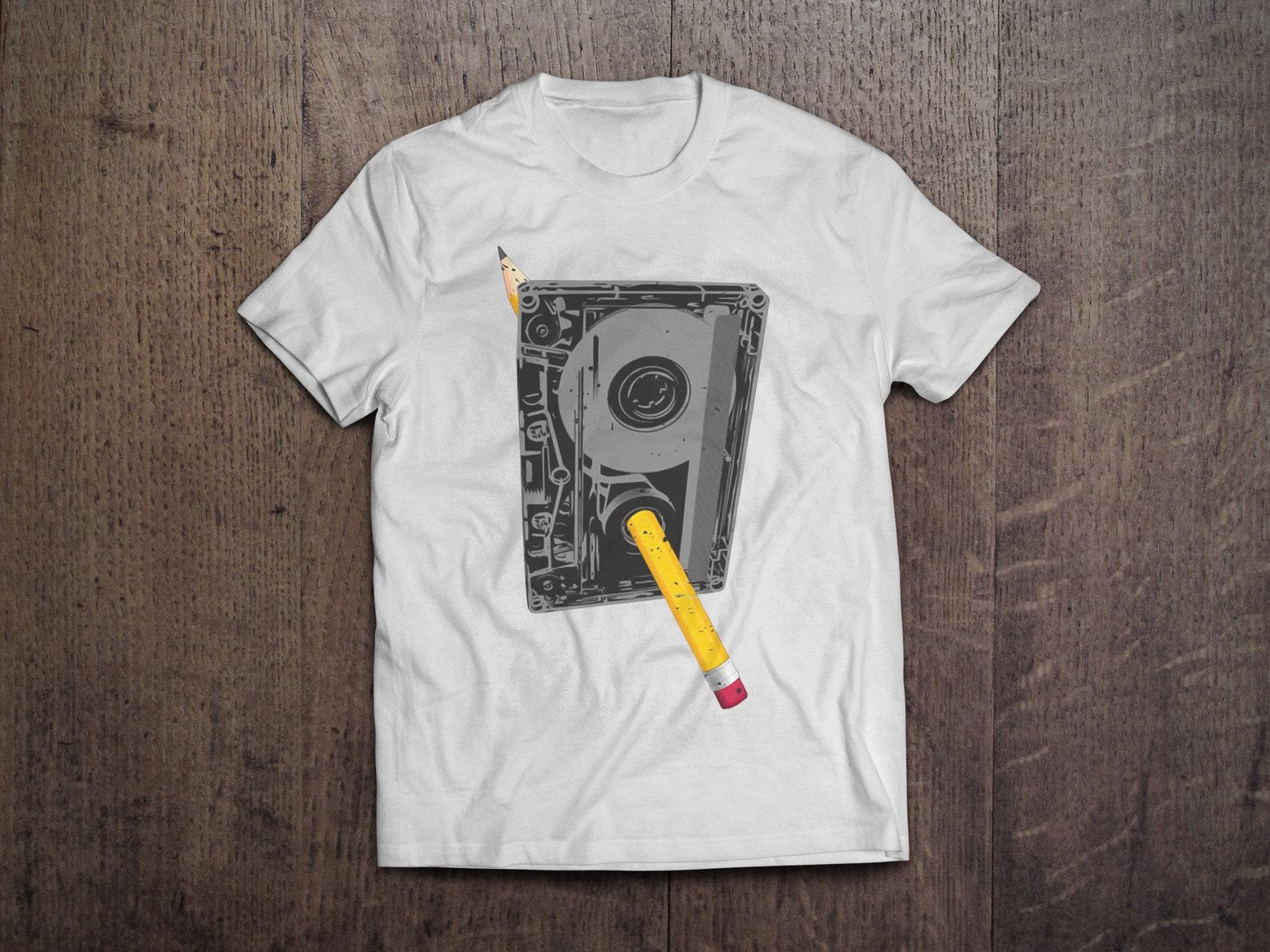 Retro Music Tape Old School Pencil / Heavyweight cotton unisex T shirt with print tee top S