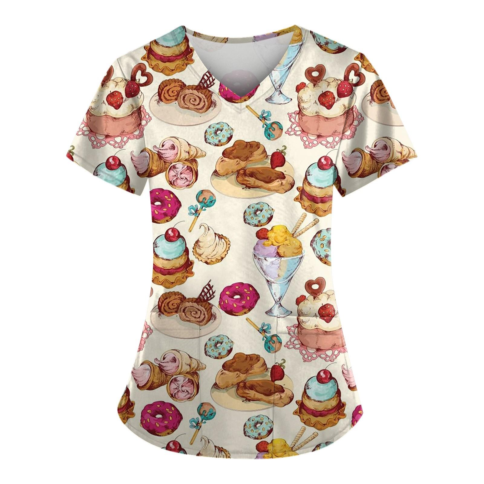 

Рабочая форма больших размеров с принтом, топы для женщин, забавные футболки с v-образным вырезом и короткими рукавами, рабочая одежда, футболка с карманами L