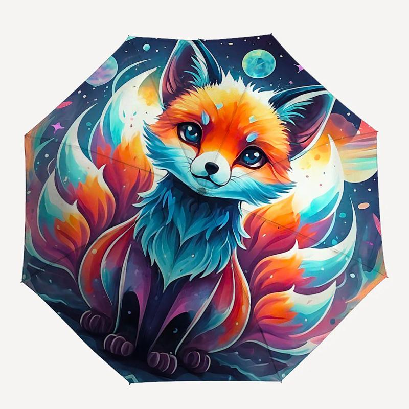 1pc Galactic Fox Auto-Folding Umbrella: Portable 3-Fold Design with Iron Frame, Perfect for Outdoor Use, Festive Gifts, Travelers, Daily Use, and Fans