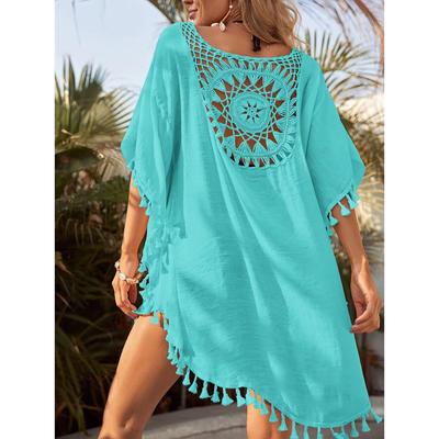 Women's Loose Fitting Casual Vacation Short Sleeved Patchwork Fashion Tassel Beach Bikini Cover Up