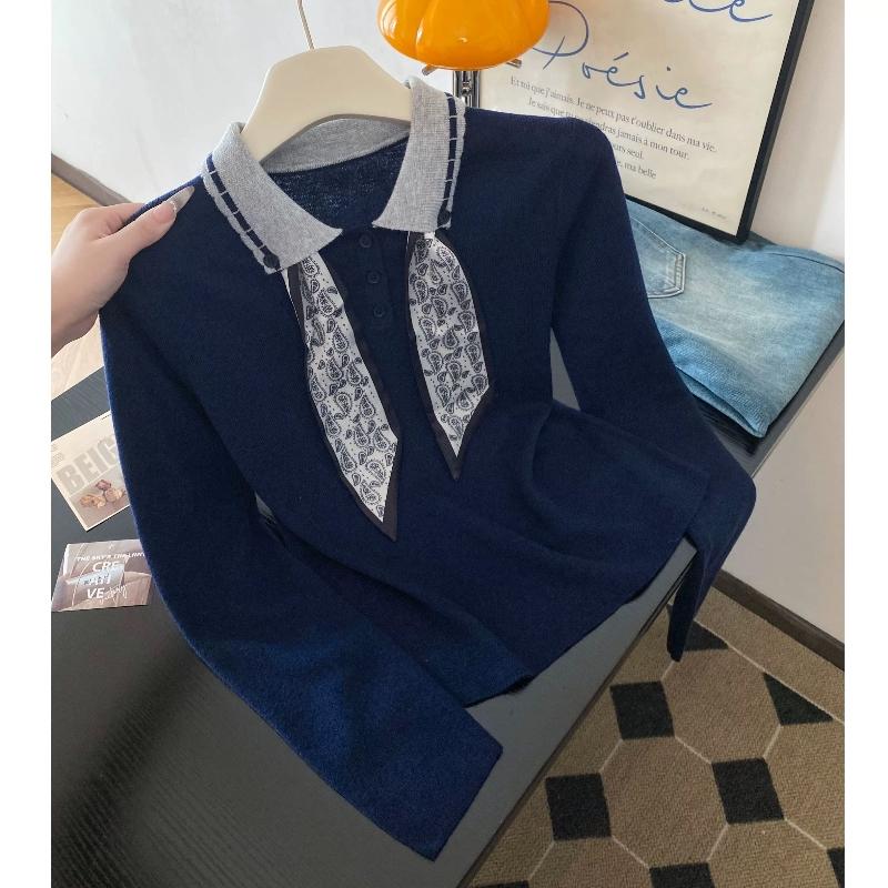 A Unique, Fashionable and Versatile New Autumn Top for Women with A Polo Collar and Silk Scarf Knitted Sweater