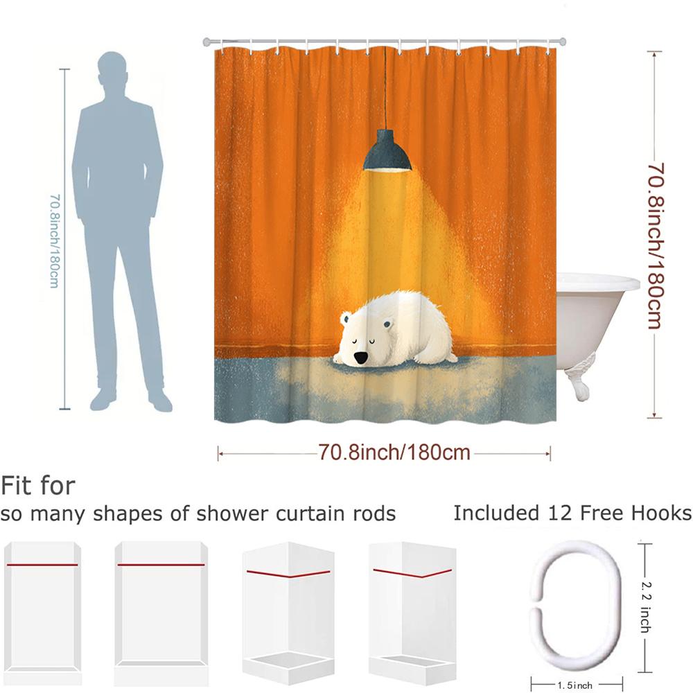 Cute Bear Shower Curtain Polar Bear Sleeping Under Hanging Lamp, Whimsical Artistic Bath Curtain For Modern Bathroom And Nursery