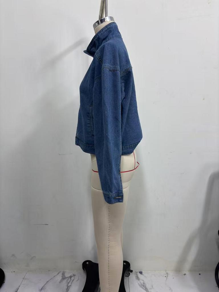 2025 Women's Retro Blue High-Waisted Zip-Up Denim Jacket with Stand-Up Collar