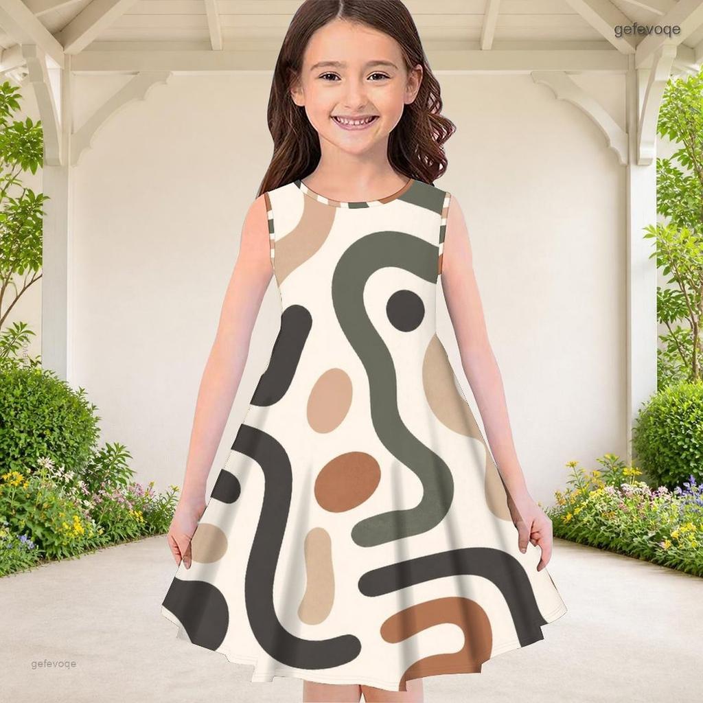 Girls Sleeveless Round Neck Black White Gray Geometric Printed A Line Flared Dress