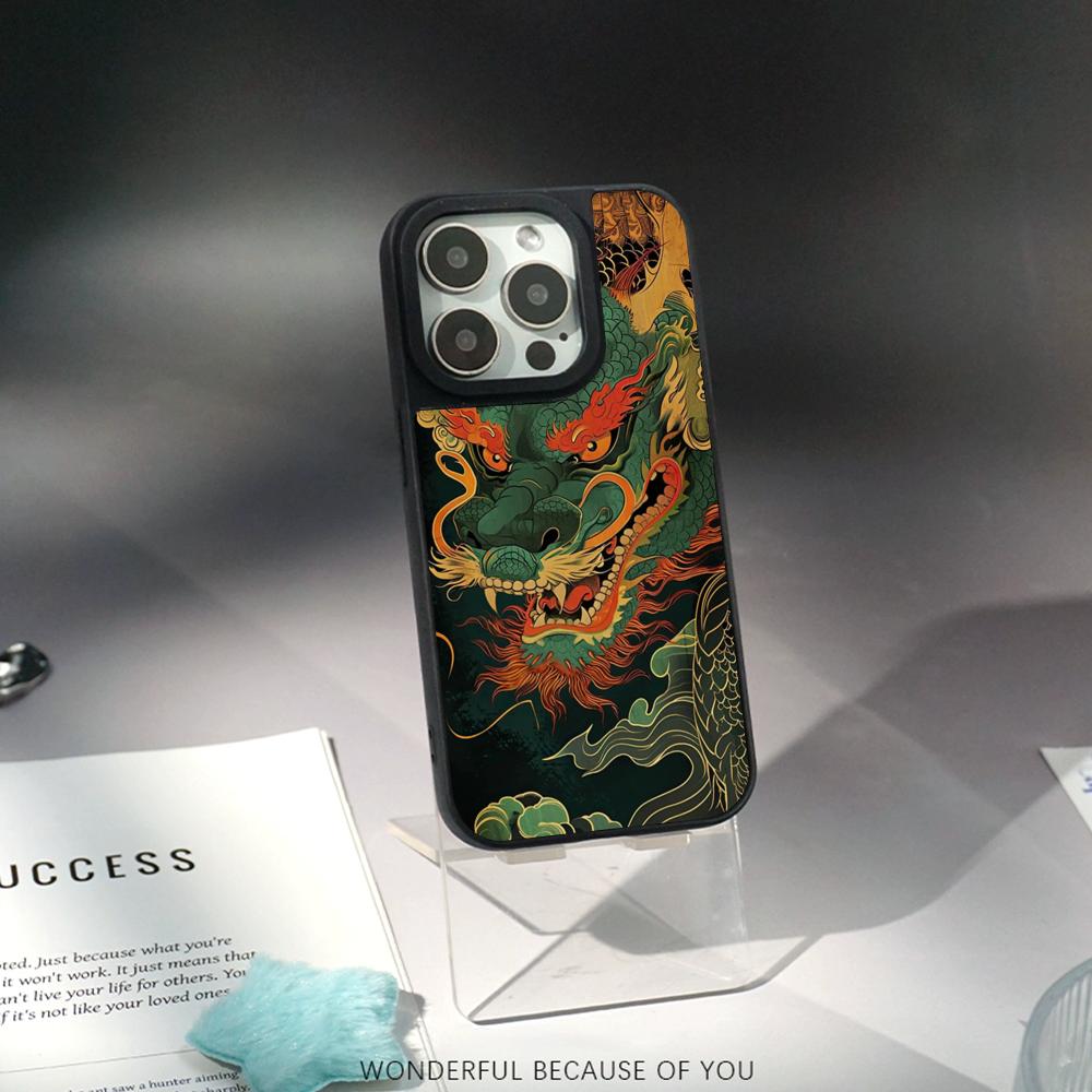 Japanese Dragon Super Cool Painting Phone Case for iPhone 17 16 E 15 14 13 12 Pro Max Sheepskin Silver-edged Protective Case