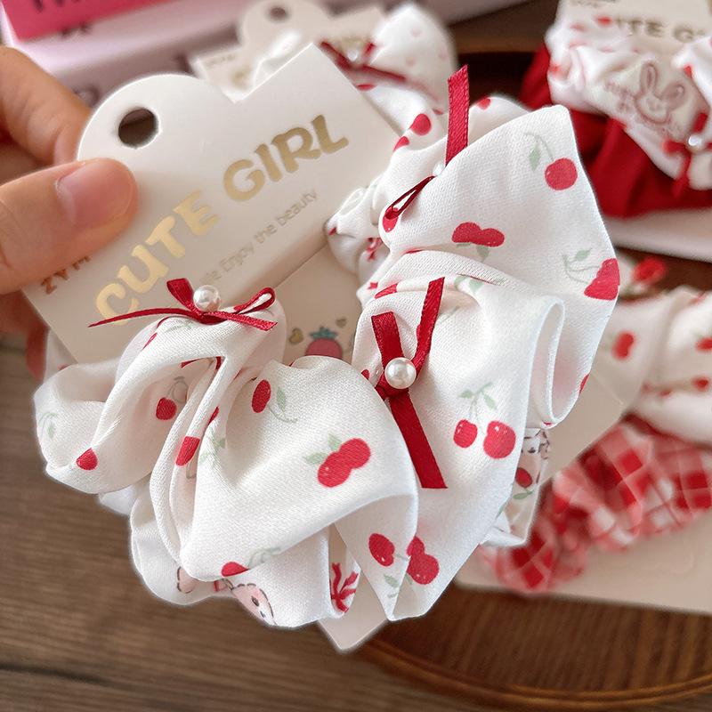 Red Scrunchies Cherry Plaid Girls Elastic Hair Bands Red Bow Polka Dot Heart Hair Rope Ties Ponytail Holder Rubber Band Headwear