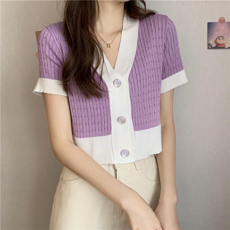 Women's Retro V-Neck Short-Sleeve Knit Top - 2022 Summer Korean Style, Loose Fit, Trendy Design