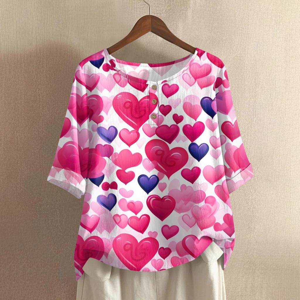 Damska koszulka z nadrukiem na Walentynki, casualowa, z krótkim rękawem, okrągłym dekoltem, z bawełny i lnu