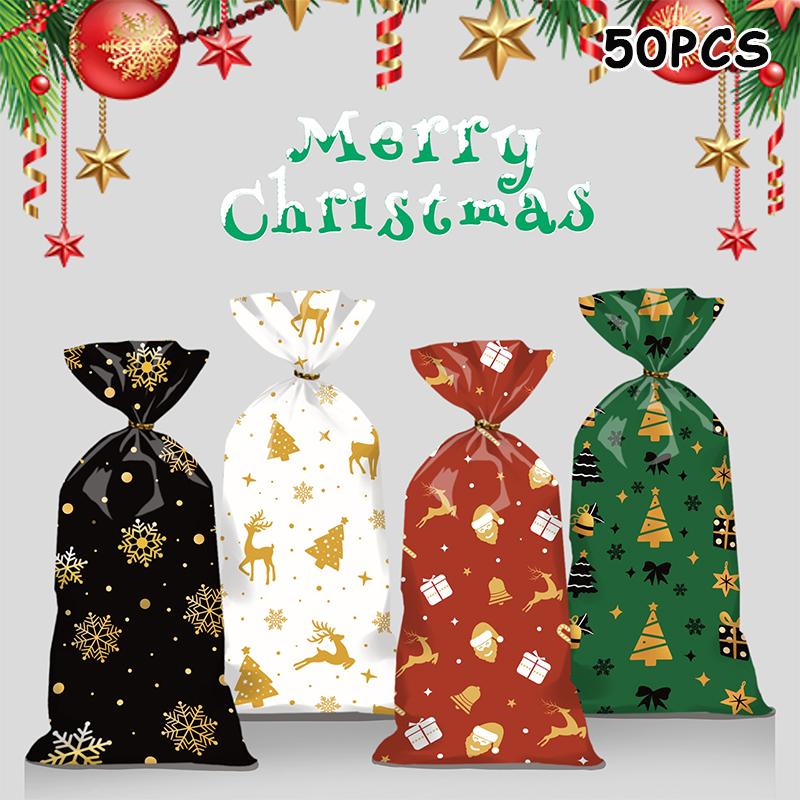 50 Pcs Merry Christmas Cellophane Bags With Twist Ties Xmas Clear Cello Candy Gift Bags New Year'S Eve Christmas Party Decoration