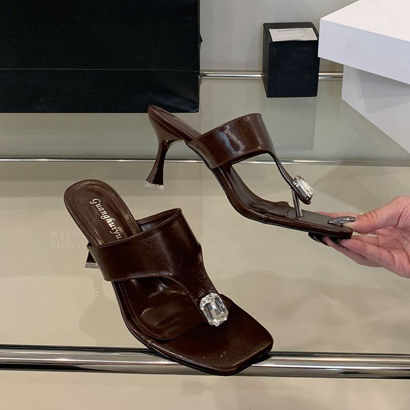 Fashion Luxury Rhinestones Ladies Heels Slippers Shoes Fashion Square Toe Women Heeled Slippers Female Slides Sandals Flip Flops Pumps