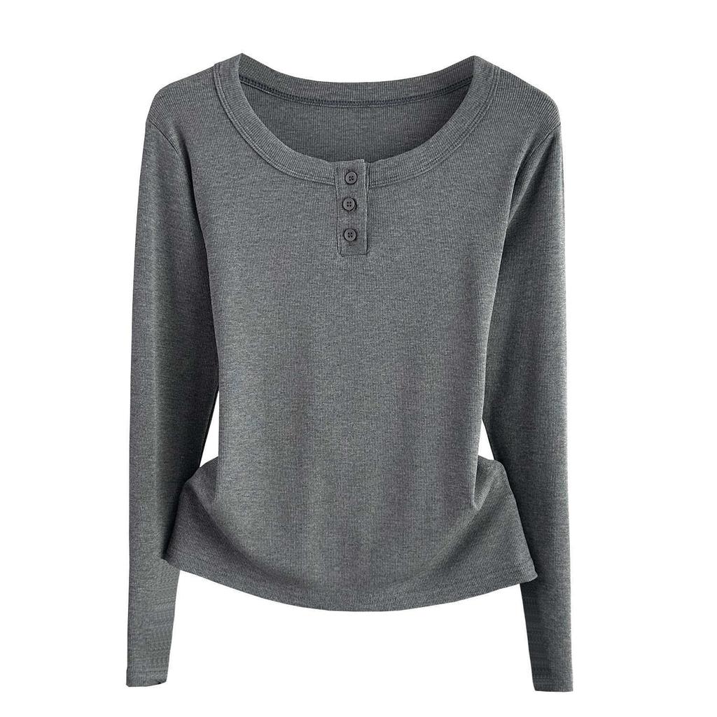 Women Ribbed Round Neck Top Long Sleeve Slim Stretch Inner Outer Basic Daily Wear