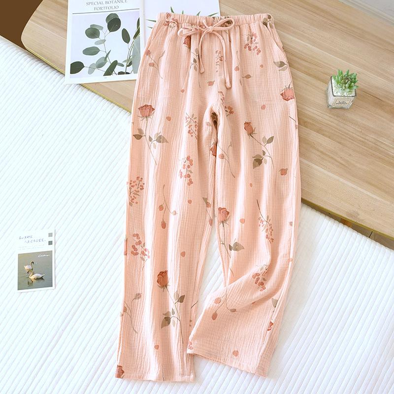 

2026 Новые весенне-летние женские пижамные брюки 100% Хлопок Креп Печатные Цветочные брюки с принтом Любовь Тонкие домашние брюки Низ женской пижамы M