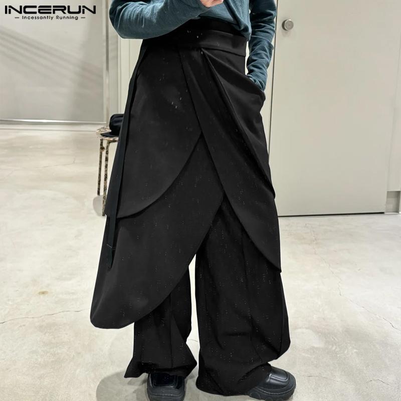 INCERUN Men Elastic Waist Layers Ruffled Pants Casual Irregular Long Trousers