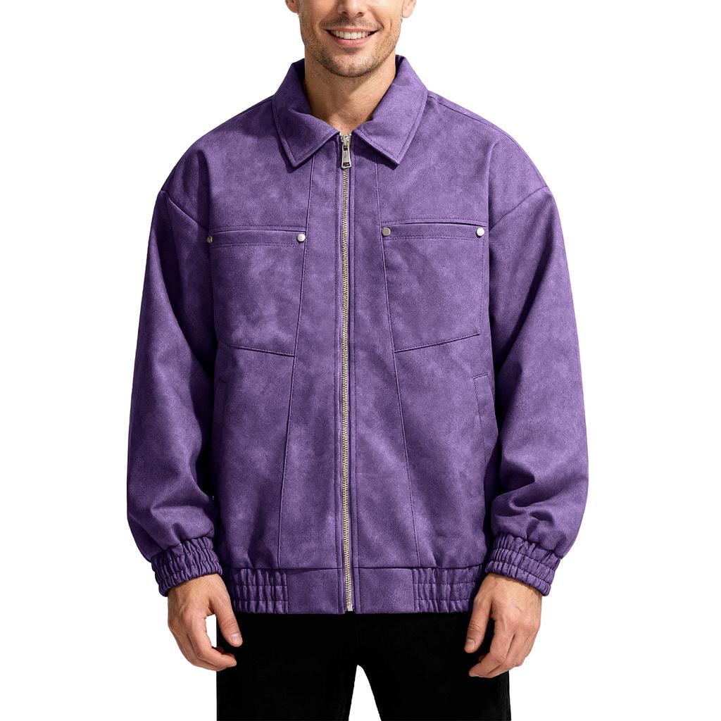 Men's Suede Jacket Oversized Retro Streetwear Zip Up Faux Leather Coat With Turn Down Collar