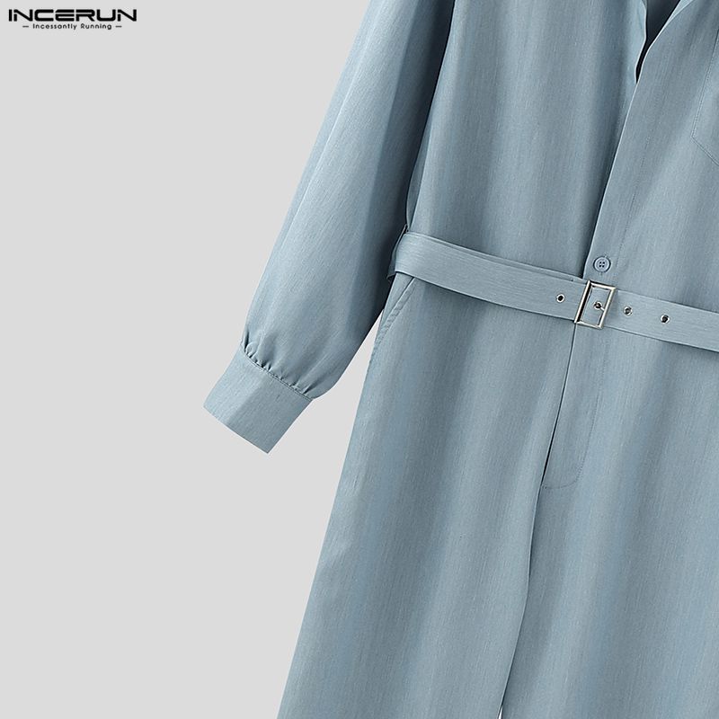 INCERUN Men Lapel Neck Long Sleeve Belt Solid Color Casual Buttons Long Jumpsuits Rompers